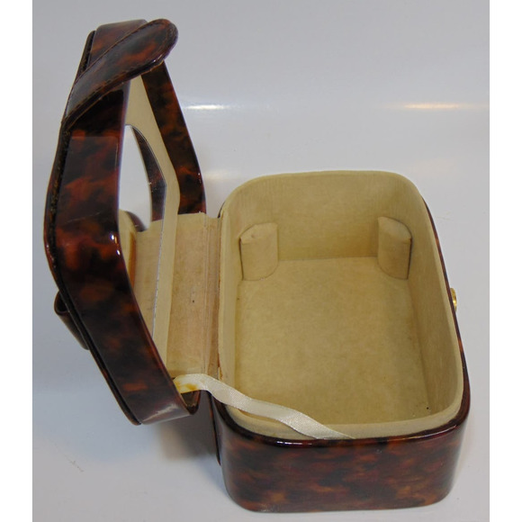 Vintage Travel Jewelry Box Chest Brown Faux Leather Handle Snap Closure Mirror - Picture 5 of 12